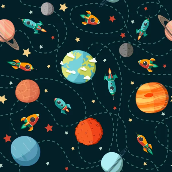 Papel de Parede Infantil 'Exploração Espacial' com foguetes coloridos e planetas sobre fundo azul-marinho, ideal para ambientes educativos e lúdicos.