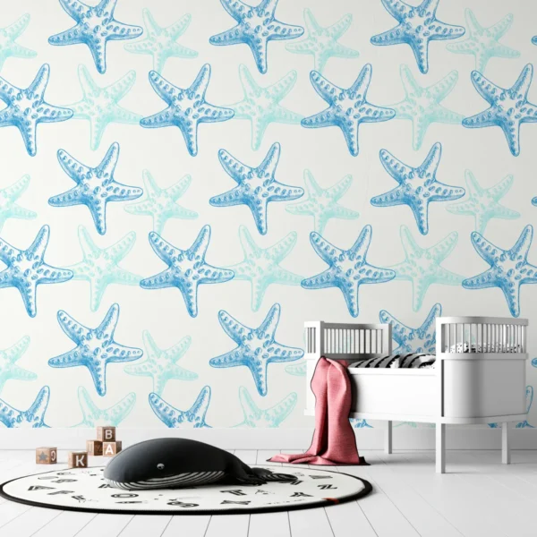 Papel de parede autoadesivo com estrelas do mar azuis, decoração subaquática