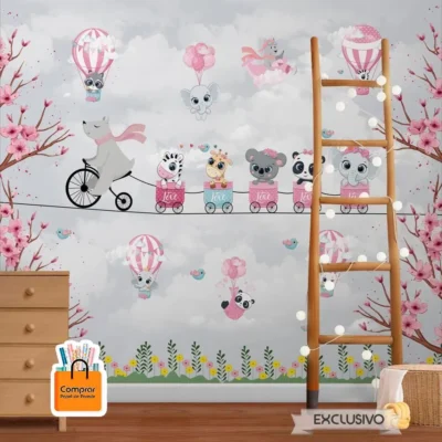 papel de parede infantil balões e animais