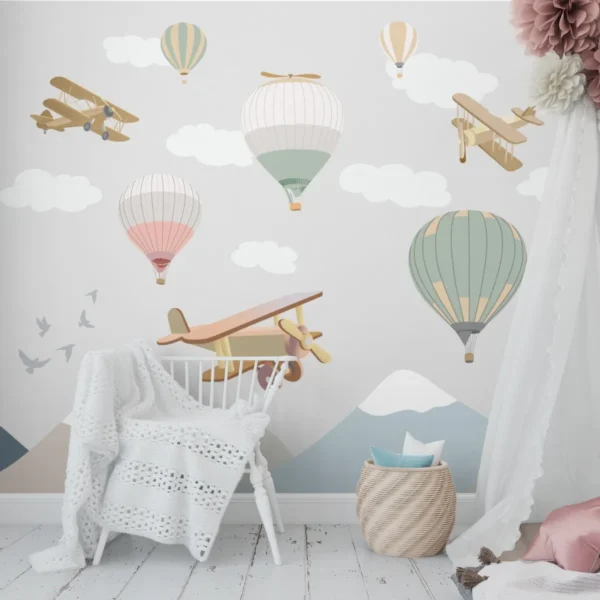 papel de parede mural infantil balões aviões