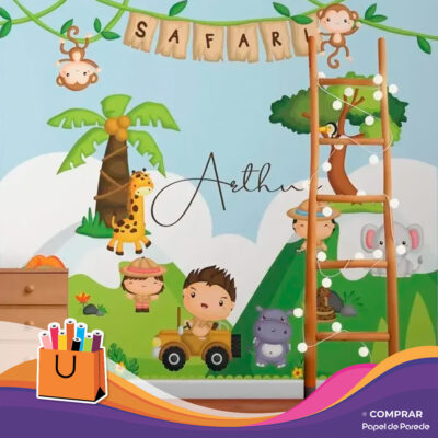 Papel de Parede Temático Safari Infantil Personalizado com Nome Arthur