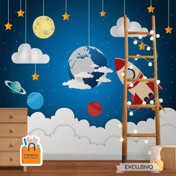 papel de parede espaco infantil foguete estrelas Papel de Parede Tema Espacial Infantil com Foguete e Planetas Papel de Parede para Criancas comprar papel de parede.webp