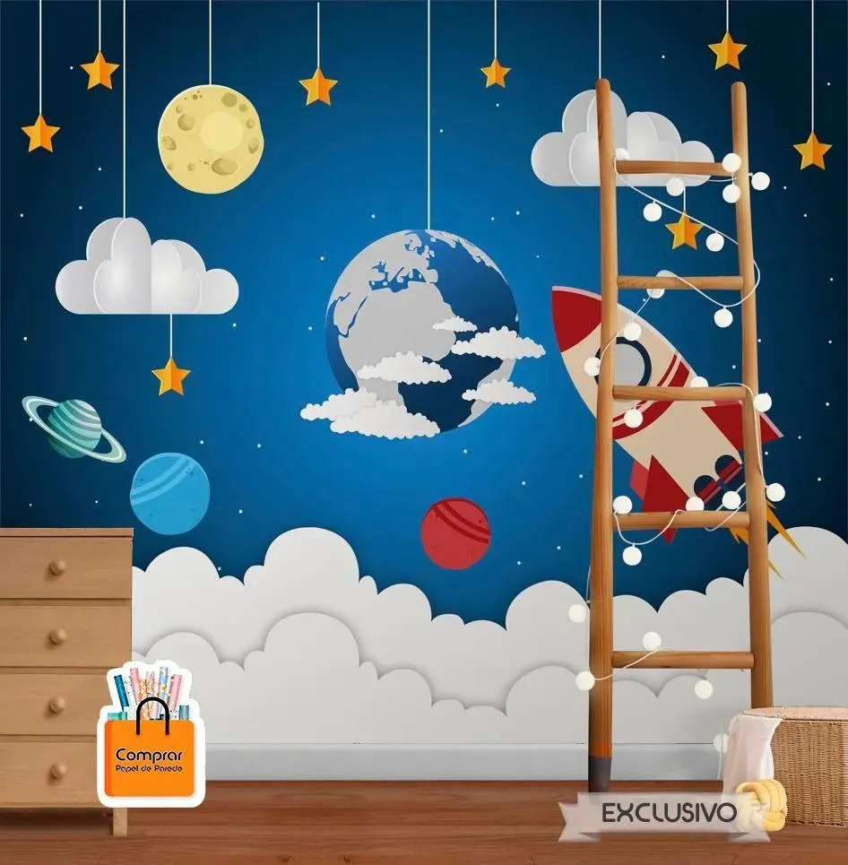 papel de parede espaco infantil foguete estrelas Papel de Parede Tema Espacial Infantil com Foguete e Planetas Papel de Parede para Criancas comprar papel de parede.webp