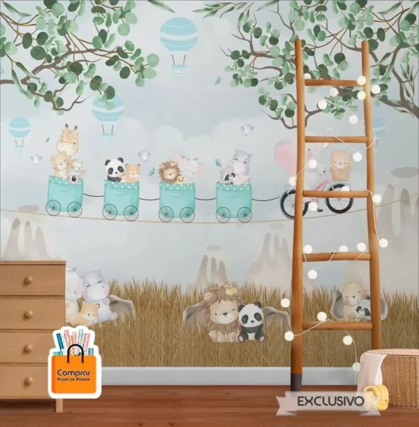 papel de parede infantil animais aventureiros balao Papel de Parede Infantil Animais Aventureiros em Balao Papel de Parede para Criancas comprar papel de parede.webp