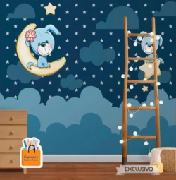 papel de parede infantil coelhos noite estrelada Papel de Parede Mural Infantil Noite Estrelada com Coelhinhos bebe crianca adolescente comprar papel de parede.webp
