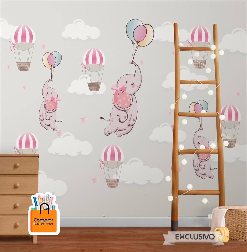 papel de parede infantil elefantinhos balões rosa