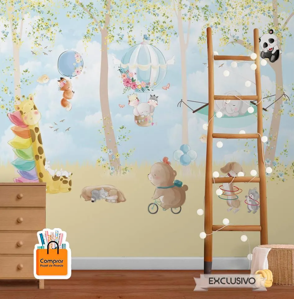 Papel de Parede Infantil Animado com Animais Voadores papel parede infantil aventura aerea comprar papel de parede.webp