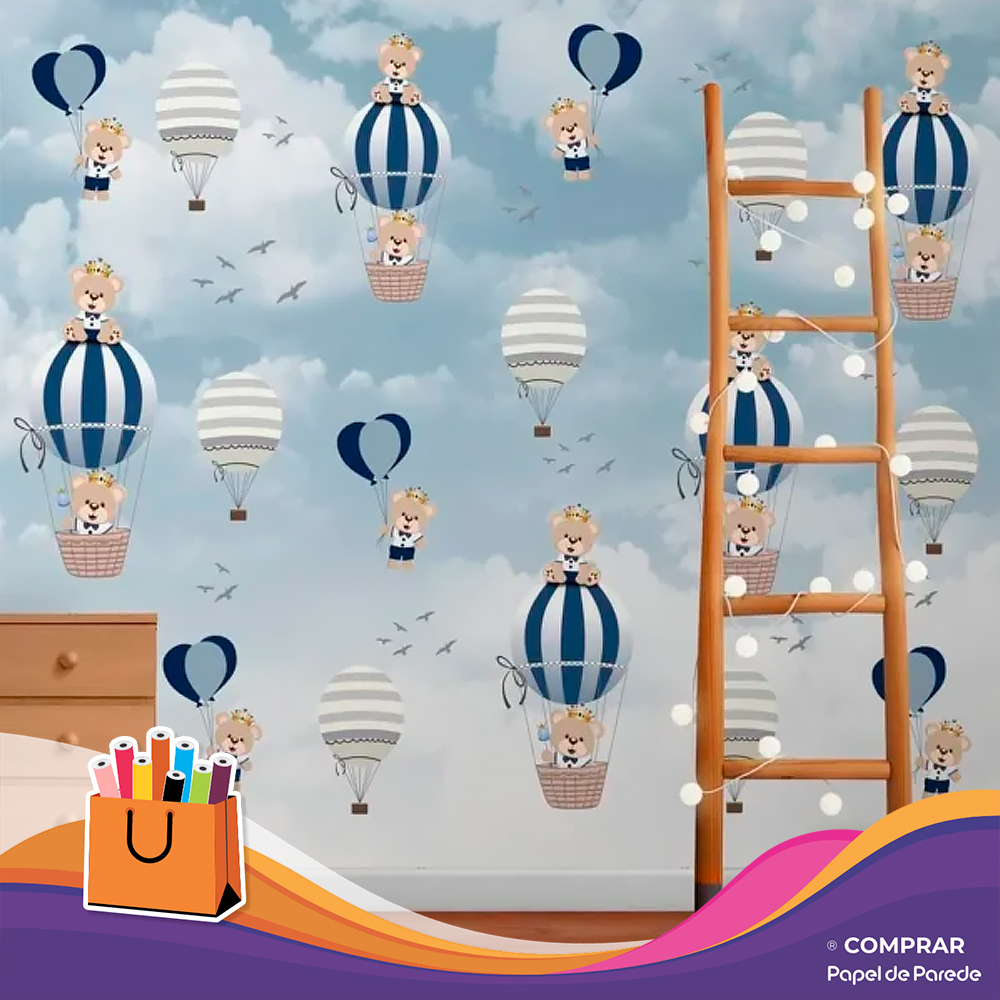 Papel de Parede Infantil Aventura Aérea com Balões e Ursinho Principe