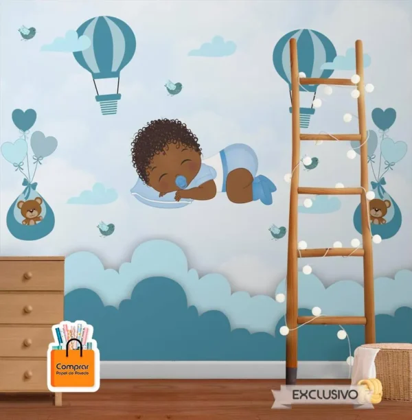 Papel de Parede Infantil Voando Entre Nuvens e Baloes papel de parede voando nuvens baloes infantil comprar papel de parede.webp