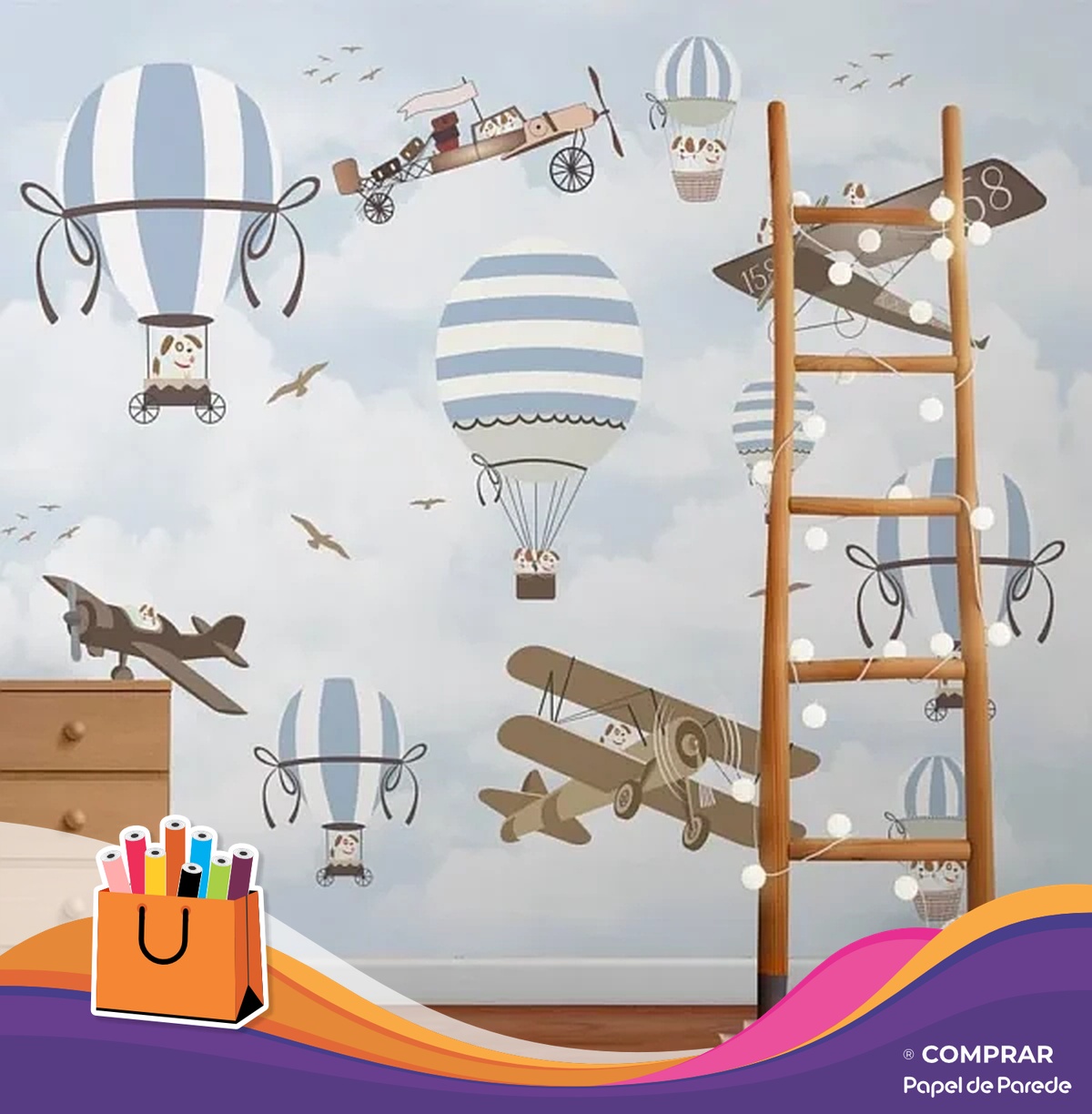 papel de parede aventura aerea infantil decoracao Papel de Parede Aventura Aerea Avioes e Baloes Ceu Azul criancas de 0 a 10 anos comprar papel de parede 600x612
