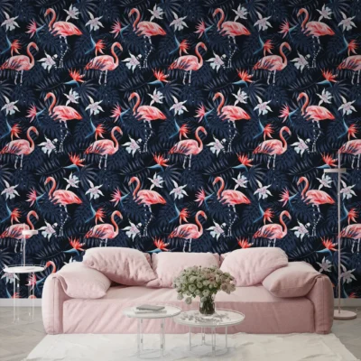 papel de parede flamingos tropicais